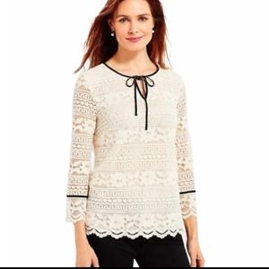 Talbots Ivory Lace Overlay Velvet Trim 3/4 Sleeve Lined Blouse Plus 1X